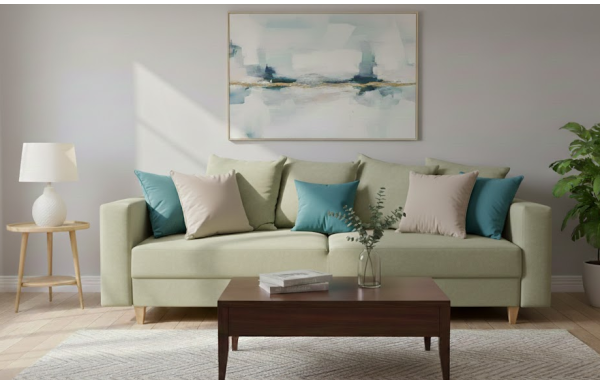 Sofa Kristi I seledyn na sprężynach z funkcją spania i pojemnikiem